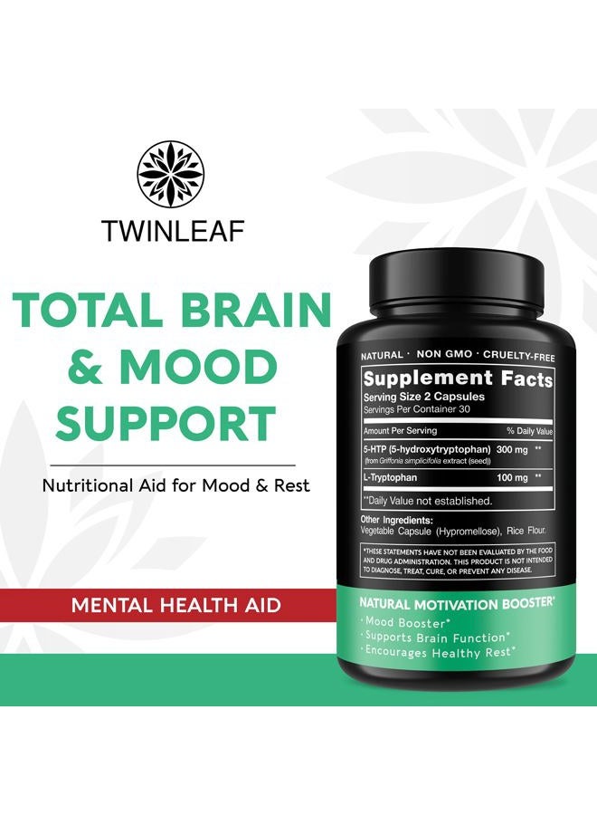 TWINLEAF 5 HTP Supplement for Mood Support - Made in USA - Natural Manganese & L-tryptophan Capsules - 5-HTP Booster for Men & Women - Proprietary Formula for Mood and Relaxation - 60 Vegan Capsules - Image 2
